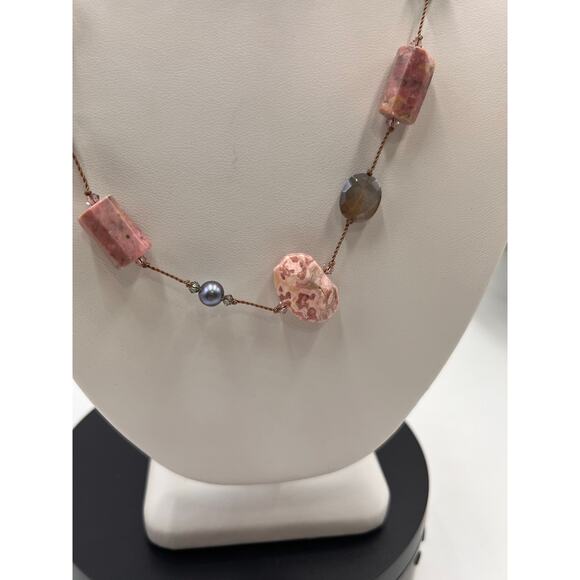 Margo Morrison Rhodochrosite Grey Coated Moonstone and Pearl Crystal Necklace - Picture 5 of 14